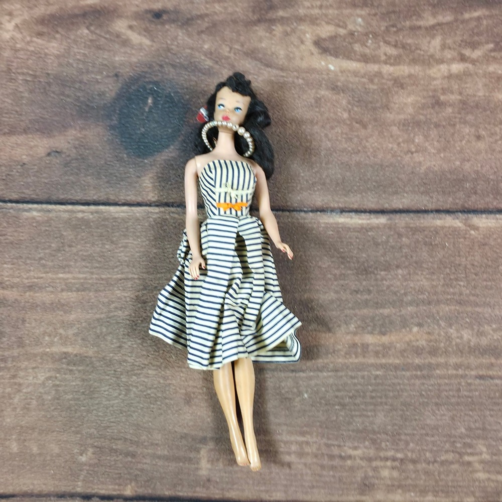 Mattel Barbie Doll Girls 11.5in Blue Good Striped Dress Pearl Earrings 1960s